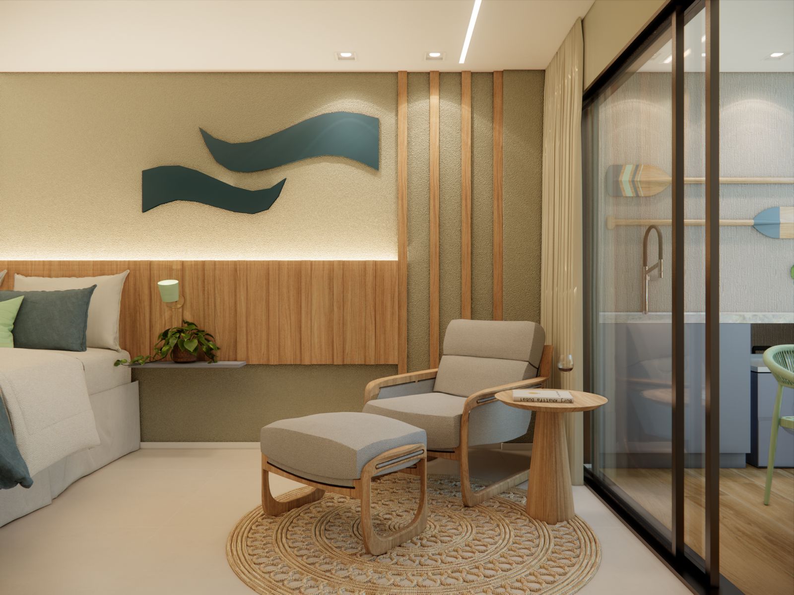 Decoração — painel com ondas esculpidas em madeira e iluminação embutida