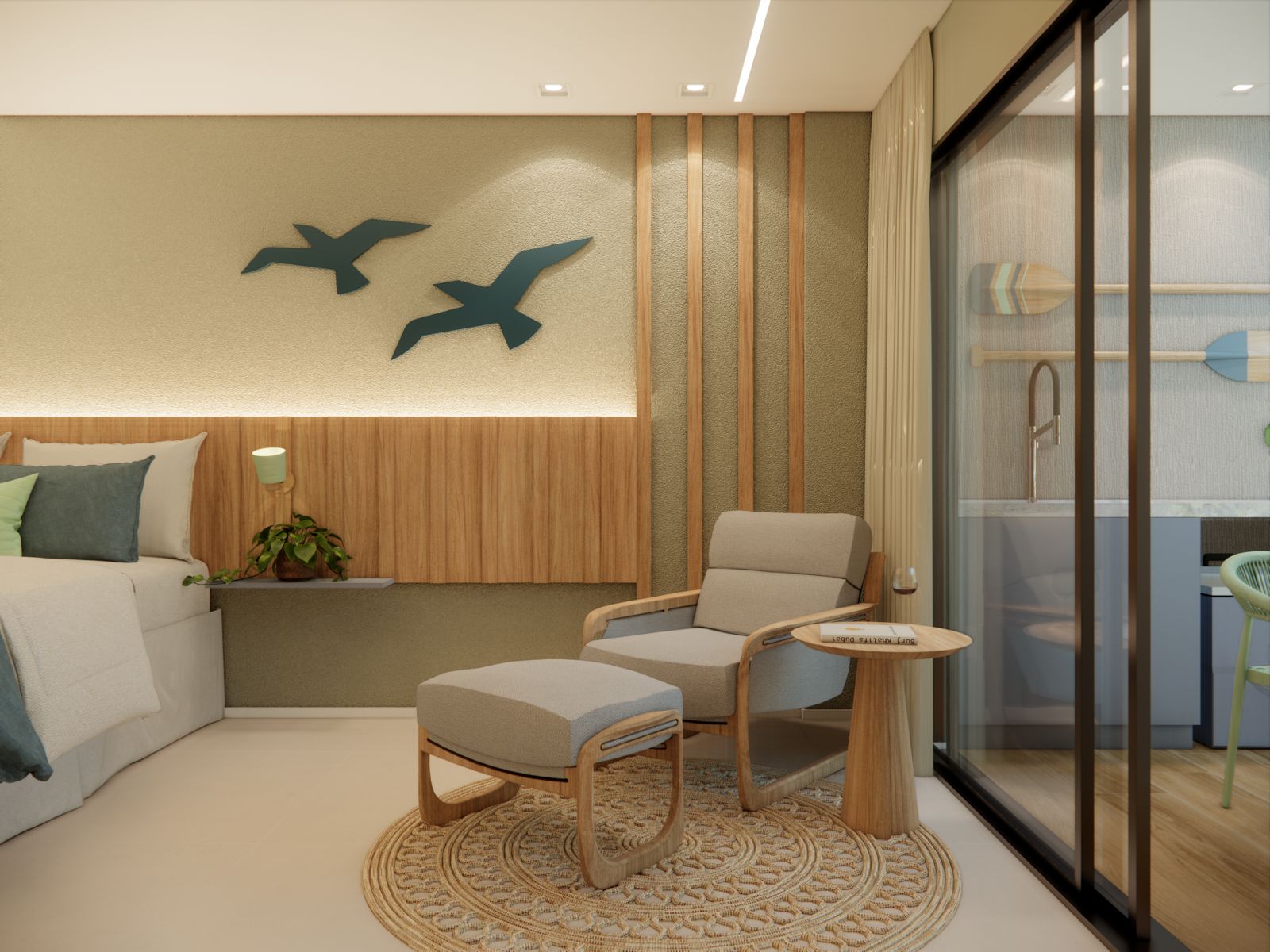 Decoração — painel com pássaros esculpidos em madeira sobre parede texturizada